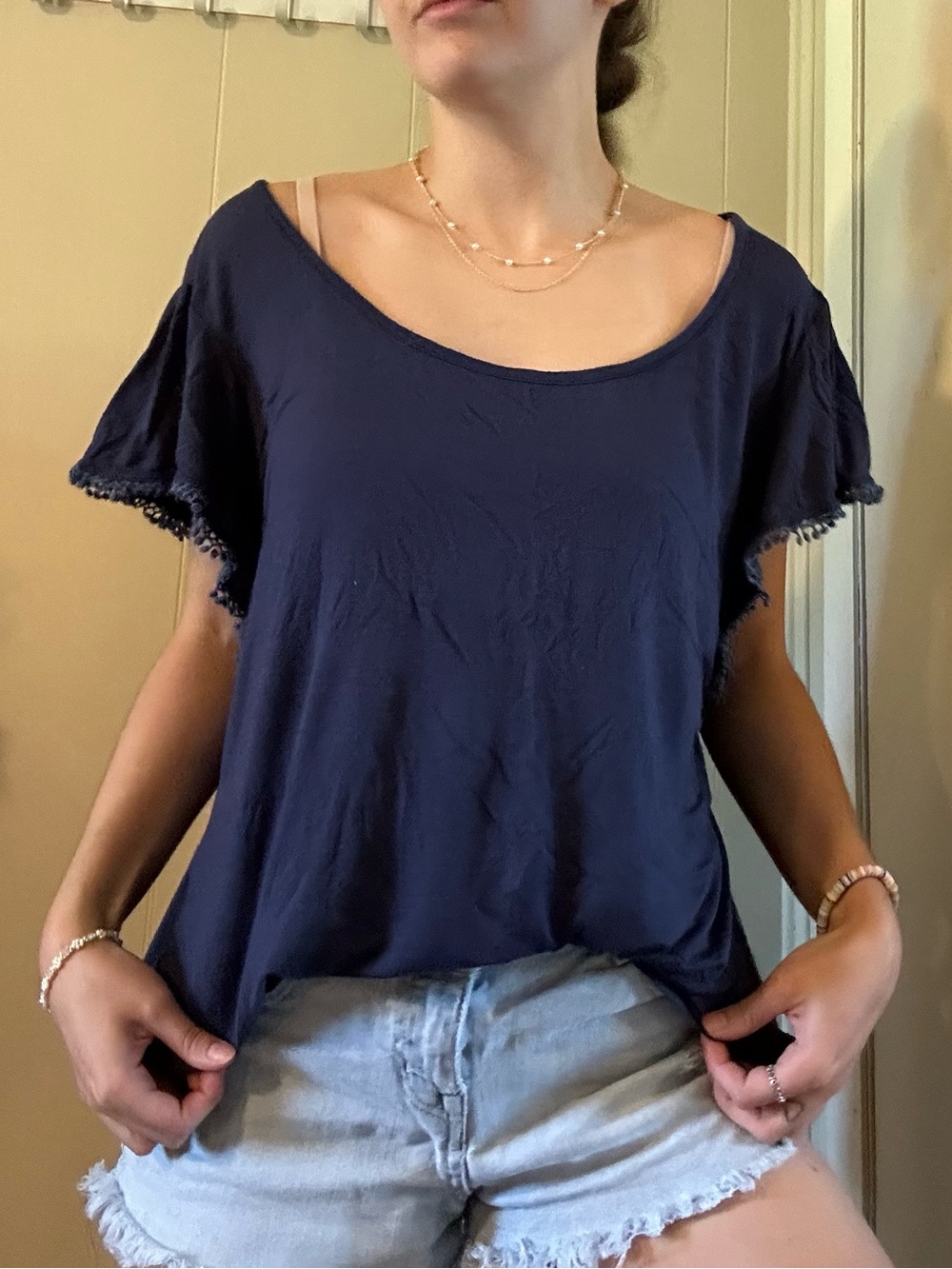 Cato XL Navy Short Sleeve Scoop Neck Tunic with Fringe Trim